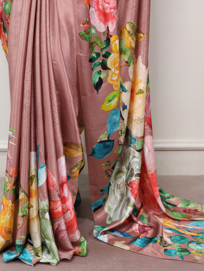 Rosy Brown Pure Soft Satin Silk Flower Printed Satin Saree