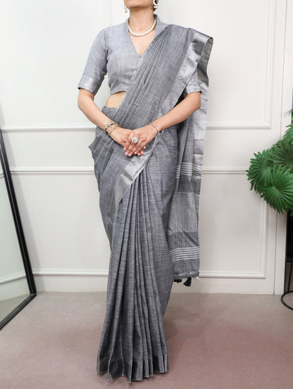 Grey Pure Linen Adorned with an Elegant Zari border Linen Saree