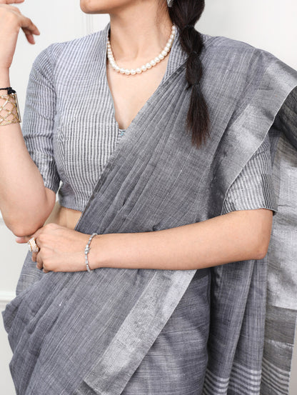 Grey Pure Linen Adorned with an Elegant Zari border Linen Saree