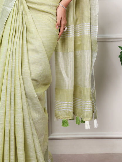 Light Green Pure Linen Adorned with an Elegant Zari border Linen Saree