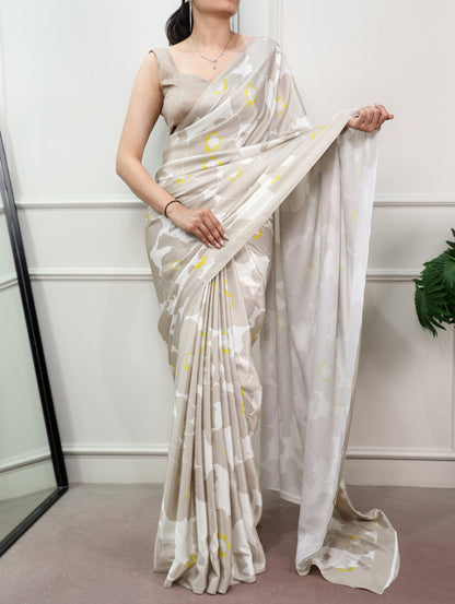 Pearl Beige Pure Soft Satin Silk Flower Printed Satin Saree