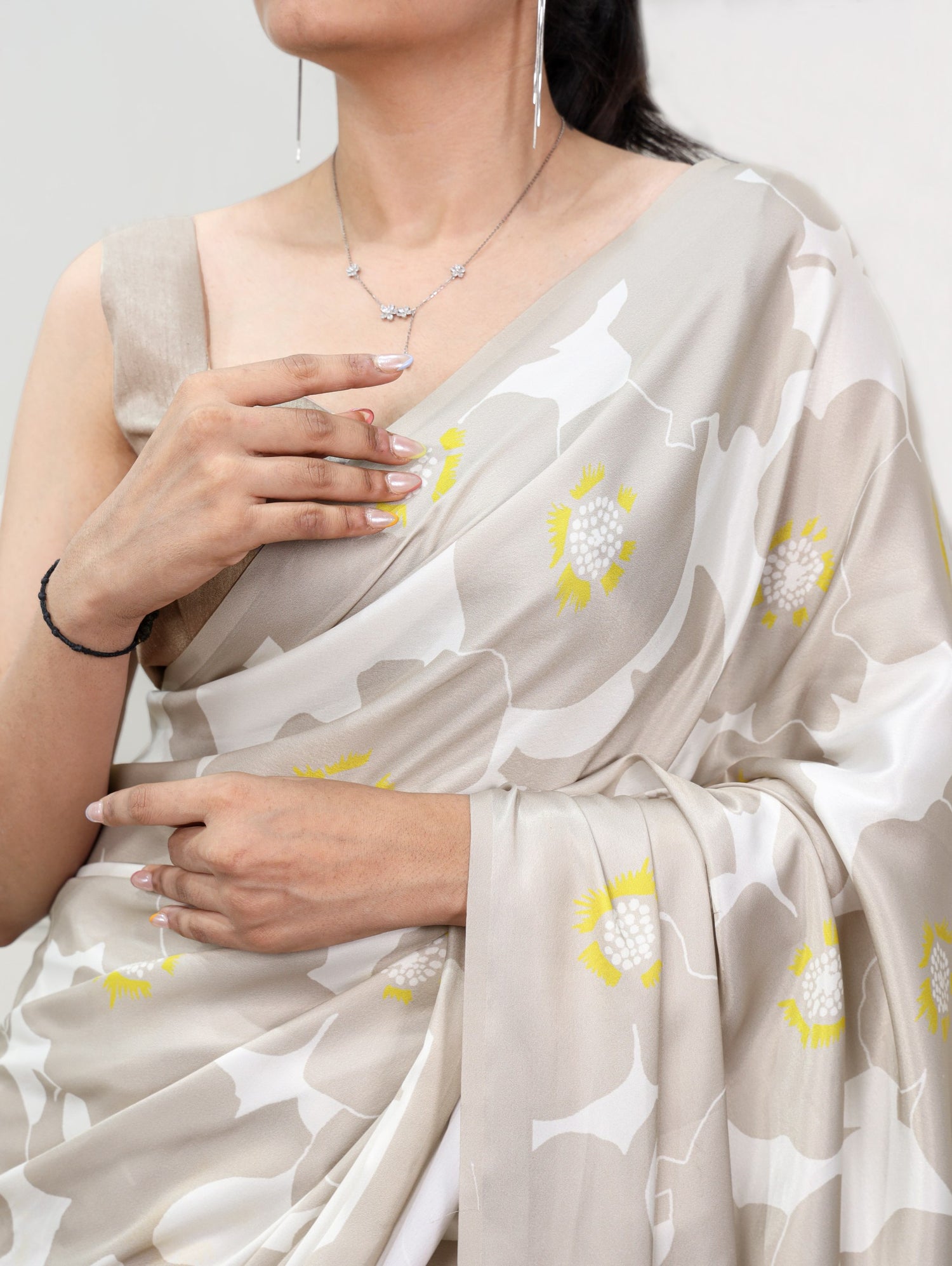 Pearl Beige Pure Soft Satin Silk Flower Printed Satin Saree