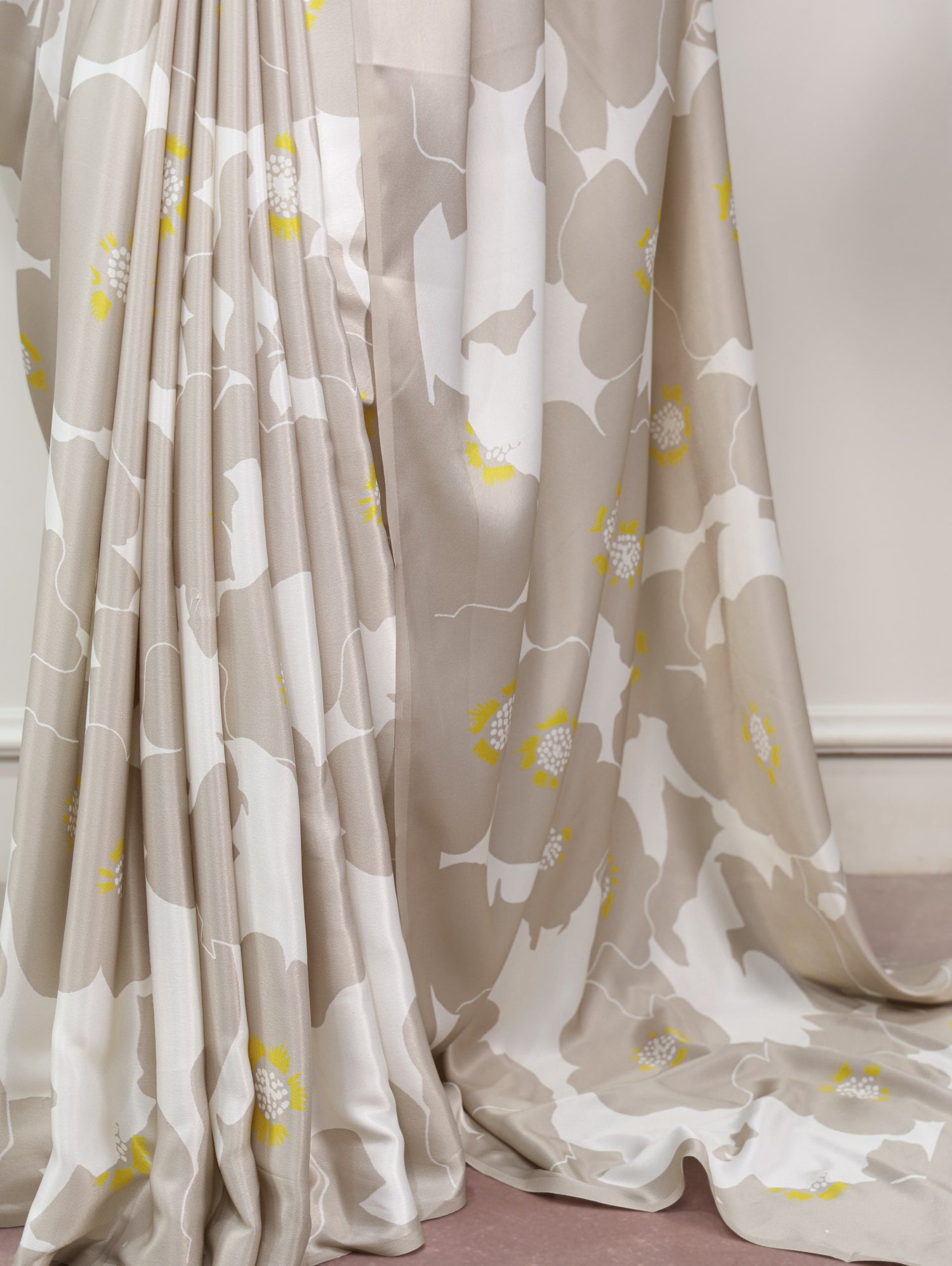 Pearl Beige Pure Soft Satin Silk Flower Printed Satin Saree