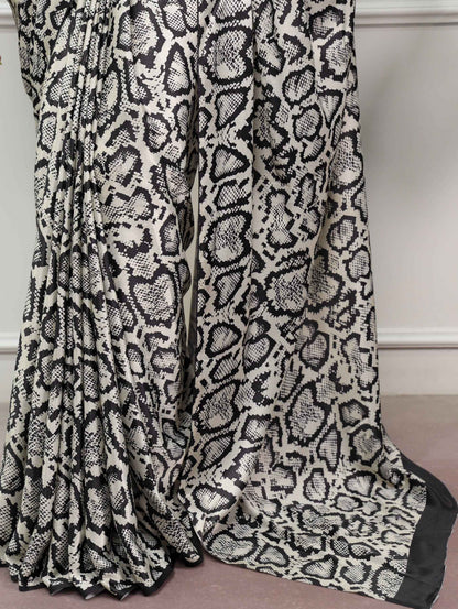 White Pure Soft Satin Silk Flower Printed Satin Saree