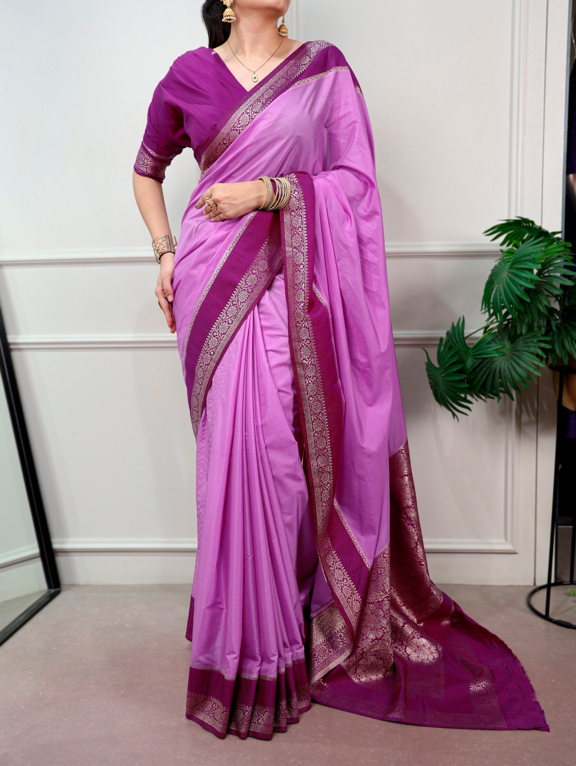 Lavender Pure Mysore Crepe Zari Weaving Work Saree