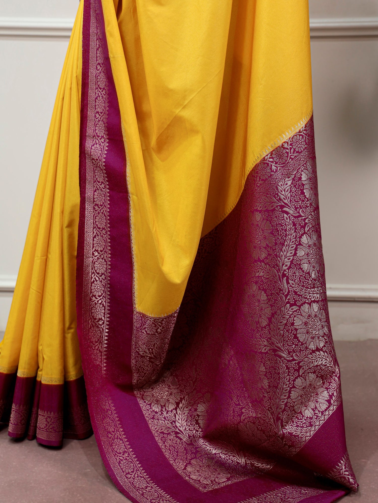 Yellow Pure Mysore Crepe Zari Weaving Work Saree