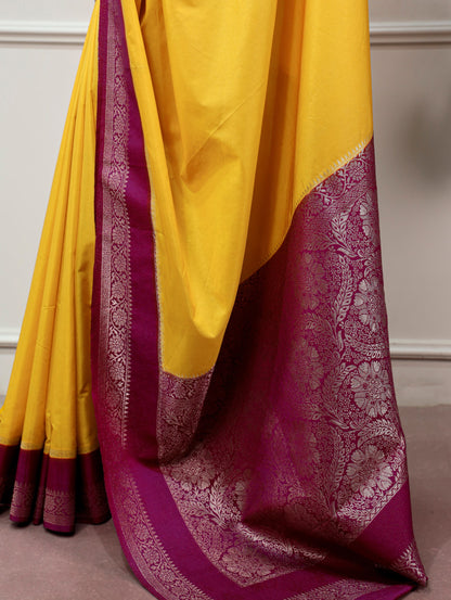 Yellow Pure Mysore Crepe Zari Weaving Work Saree
