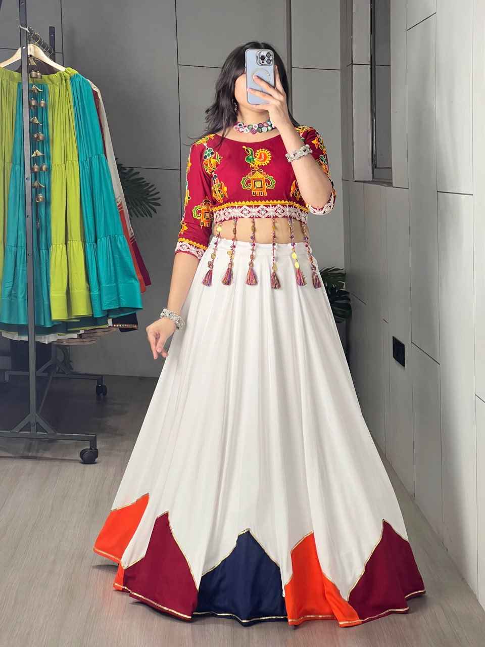 Multicolored Pure Rayon Cotton Plain Traingle Kali Navratri Lehenga Choli