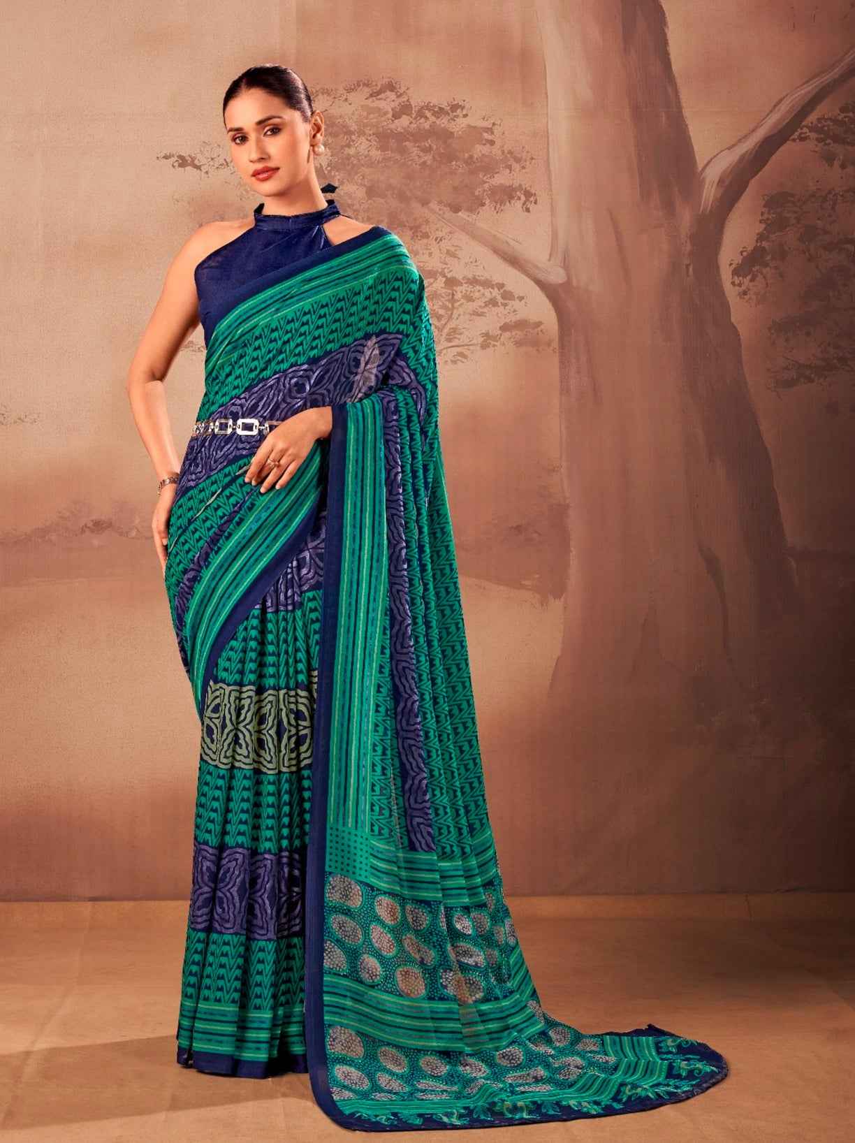 Firozi Soft Poly Mal Mal Cotton Floral Printed Cotton Saree