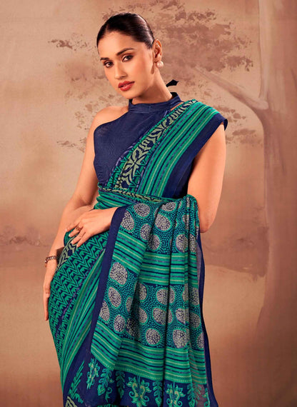 Firozi Soft Poly Mal Mal Cotton Floral Printed Cotton Saree