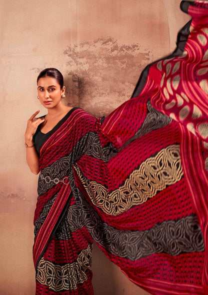 Red Soft Poly Mal Mal Cotton Floral Printed Cotton Saree