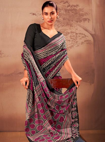 Black Soft Poly Mal Mal Cotton Floral Printed Cotton Saree