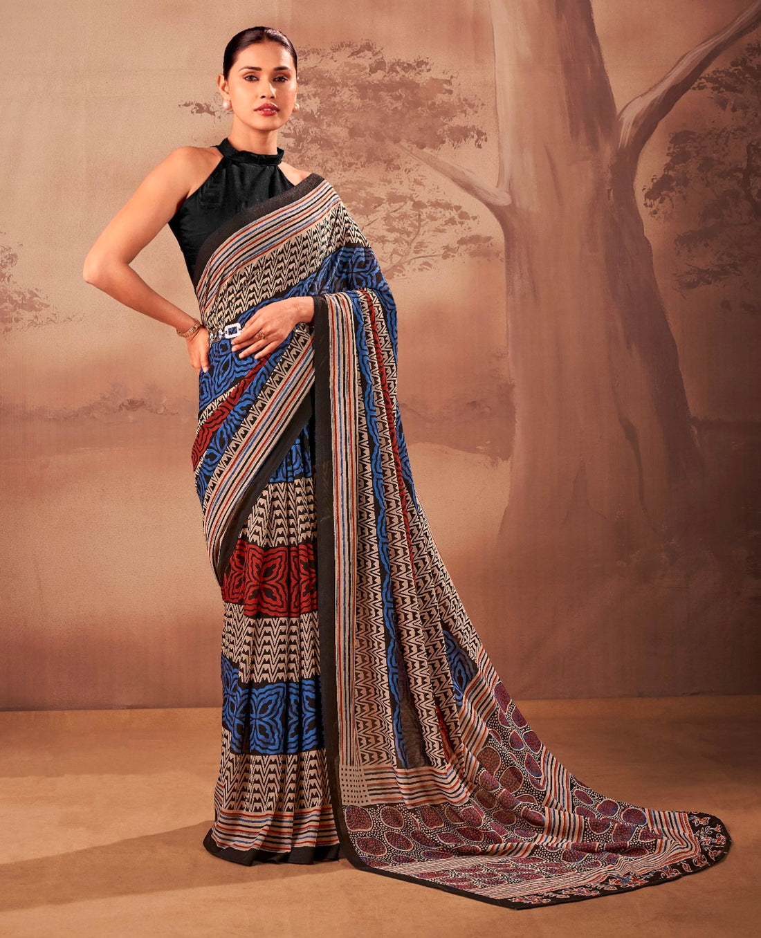 Navy Blue Soft Poly Mal Mal Cotton Floral Printed Cotton Saree