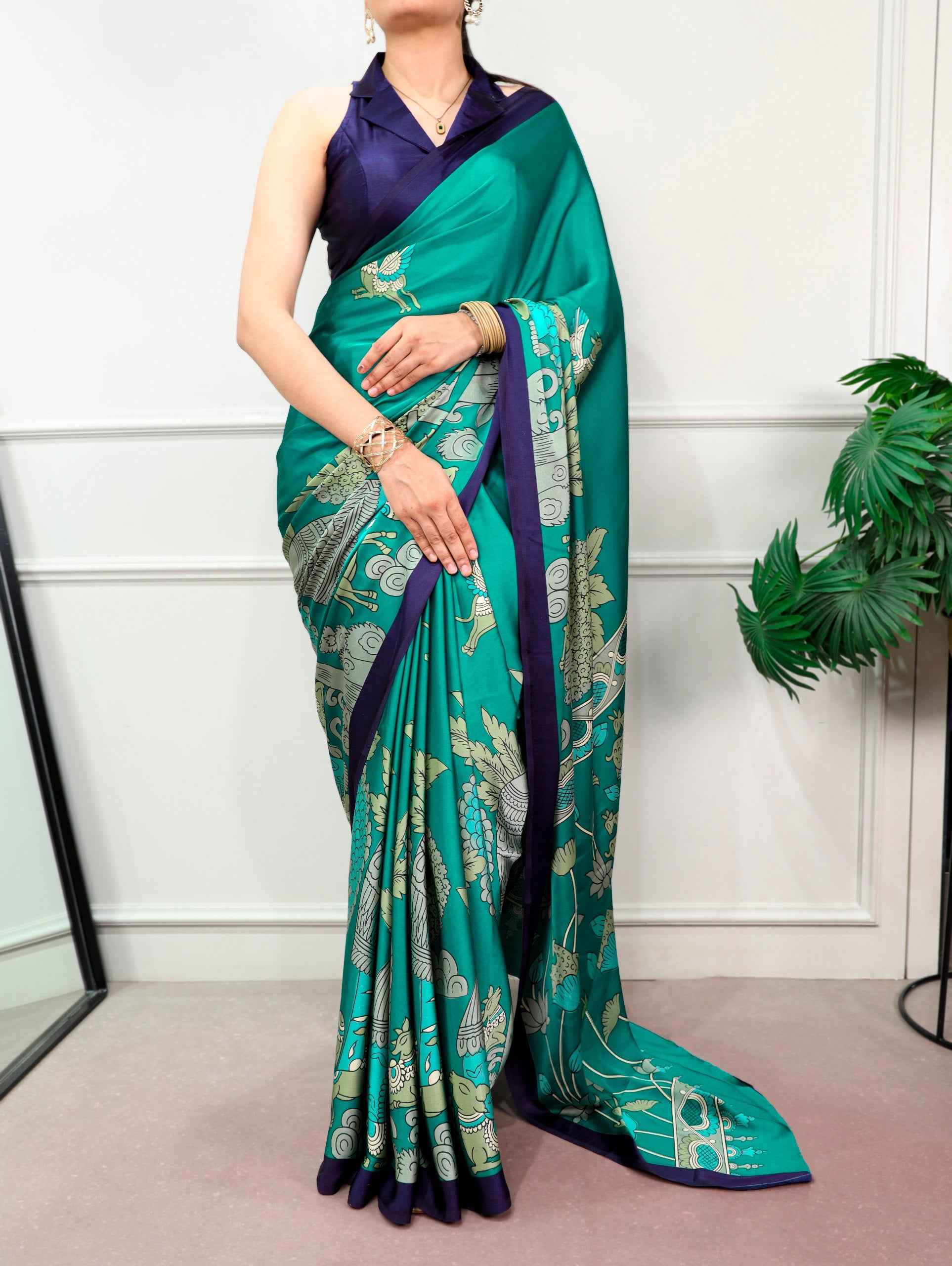 Firozi Pure Satin Silk Kalamkari Print Satin Saree