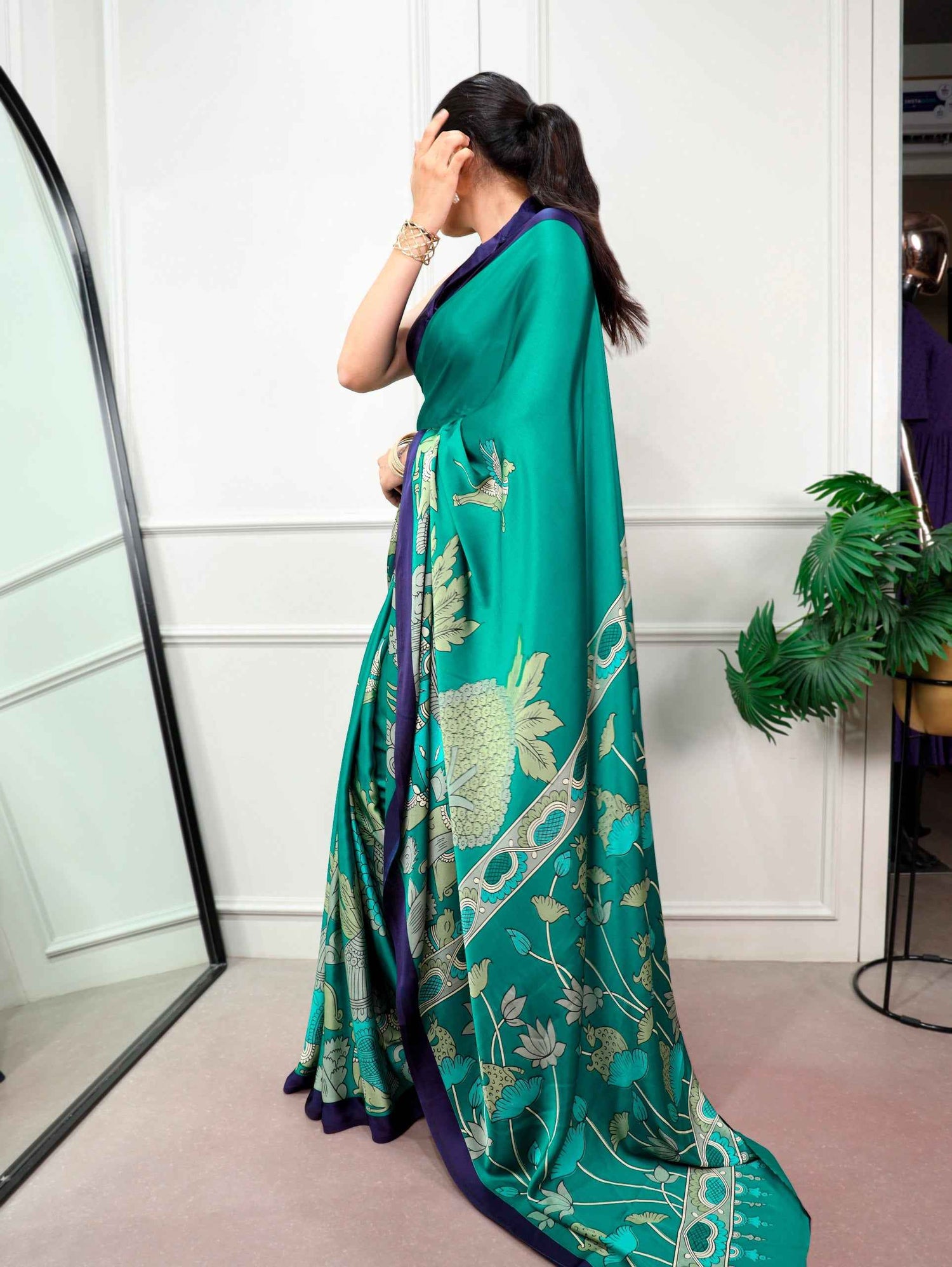 Firozi Pure Satin Silk Kalamkari Print Satin Saree