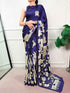Navy Blue Pure Satin Silk Kalamkari Print Satin Saree