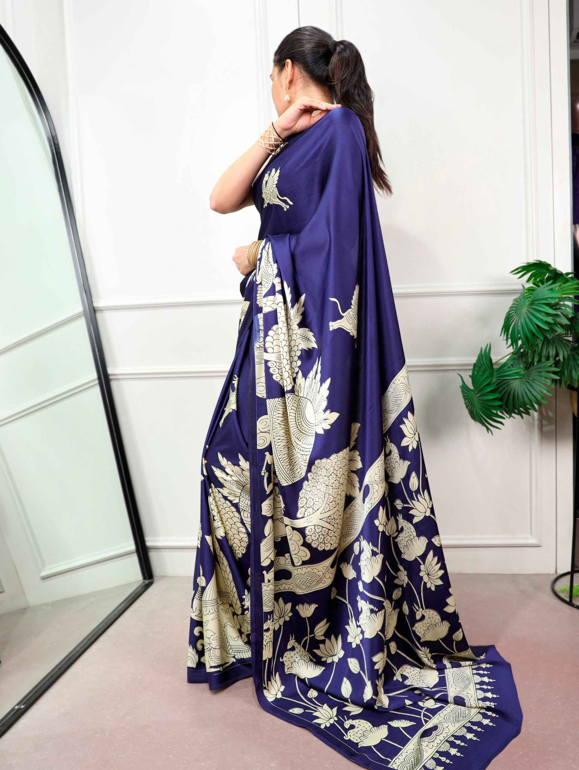Navy Blue Pure Satin Silk Kalamkari Print Satin Saree