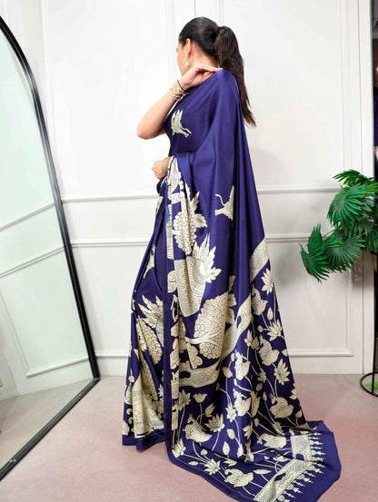Navy Blue Pure Satin Silk Kalamkari Print Satin Saree