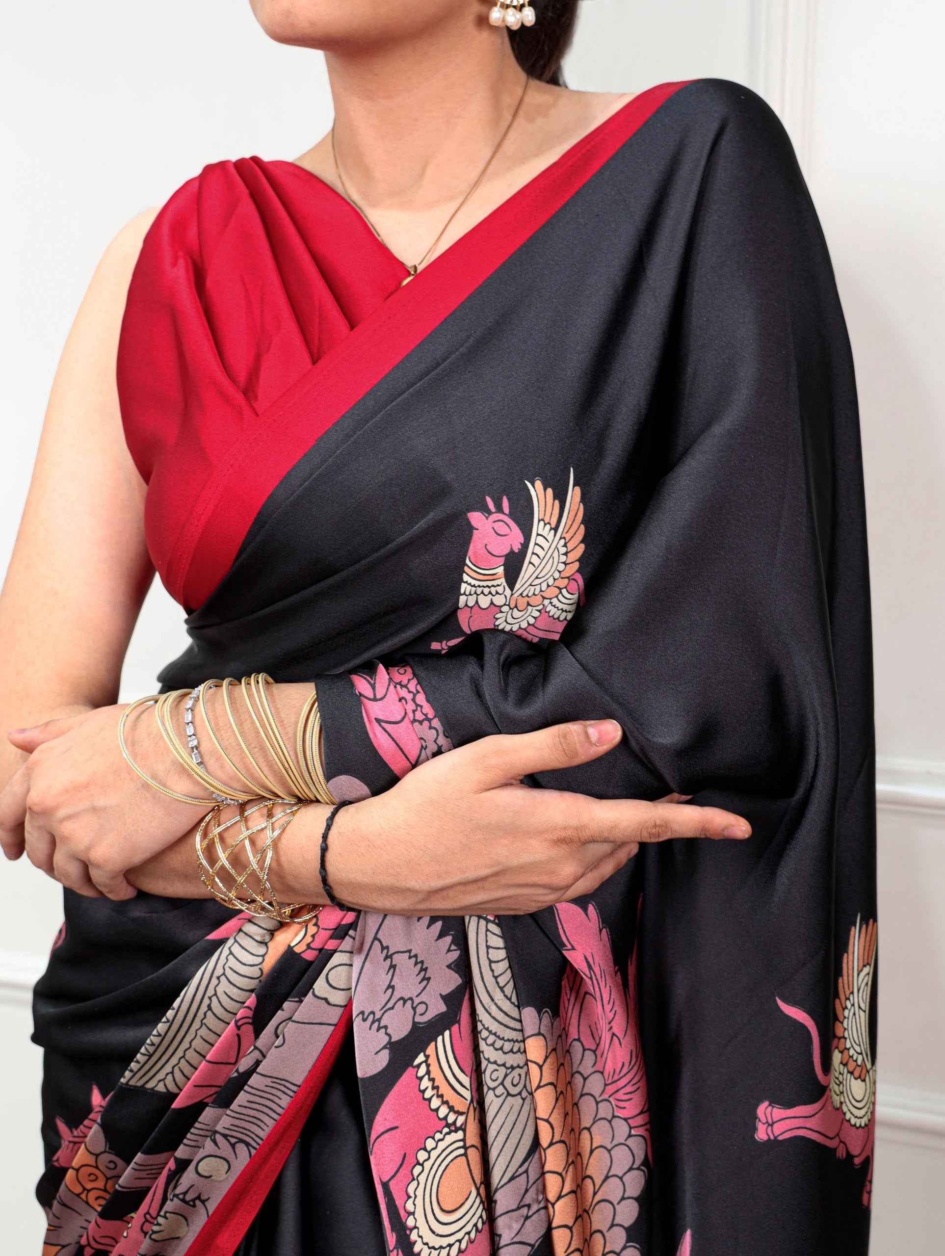 Red Pure Satin Silk Kalamkari Print Satin Saree