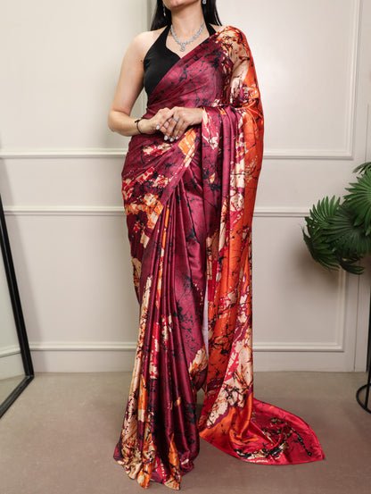 Maroon Pure Satin Silk Flower Print Satin Saree