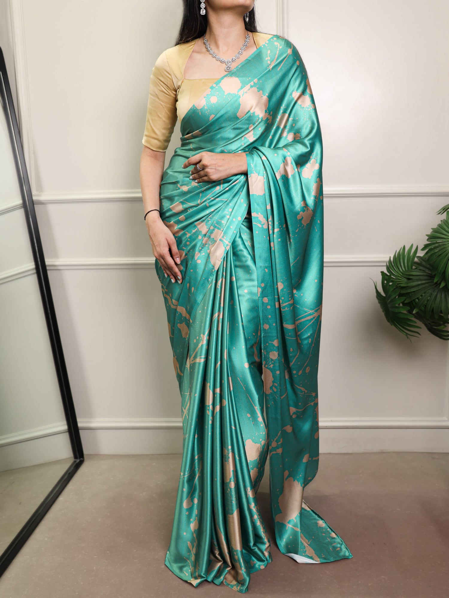 Sky Pure Satin Silk Flower Print Satin Saree