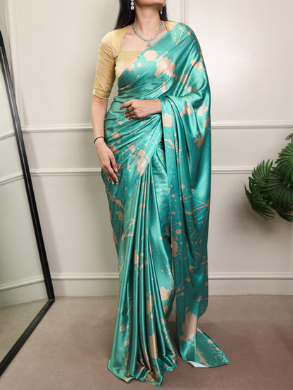 Sky Pure Satin Silk Flower Print Satin Saree