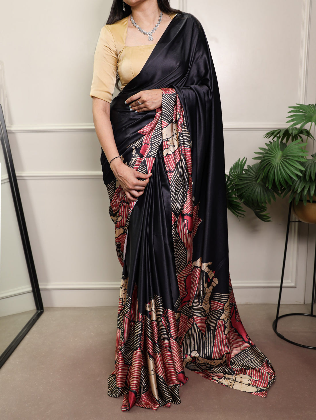 Black Pure Satin Silk Flower Print Satin Saree