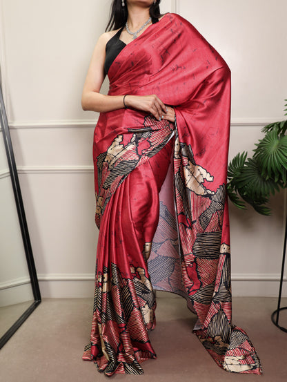 Red Pure Satin Silk Flower Print Satin Saree