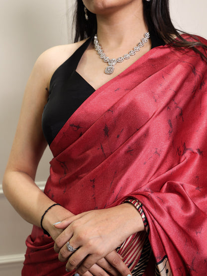 Red Pure Satin Silk Flower Print Satin Saree