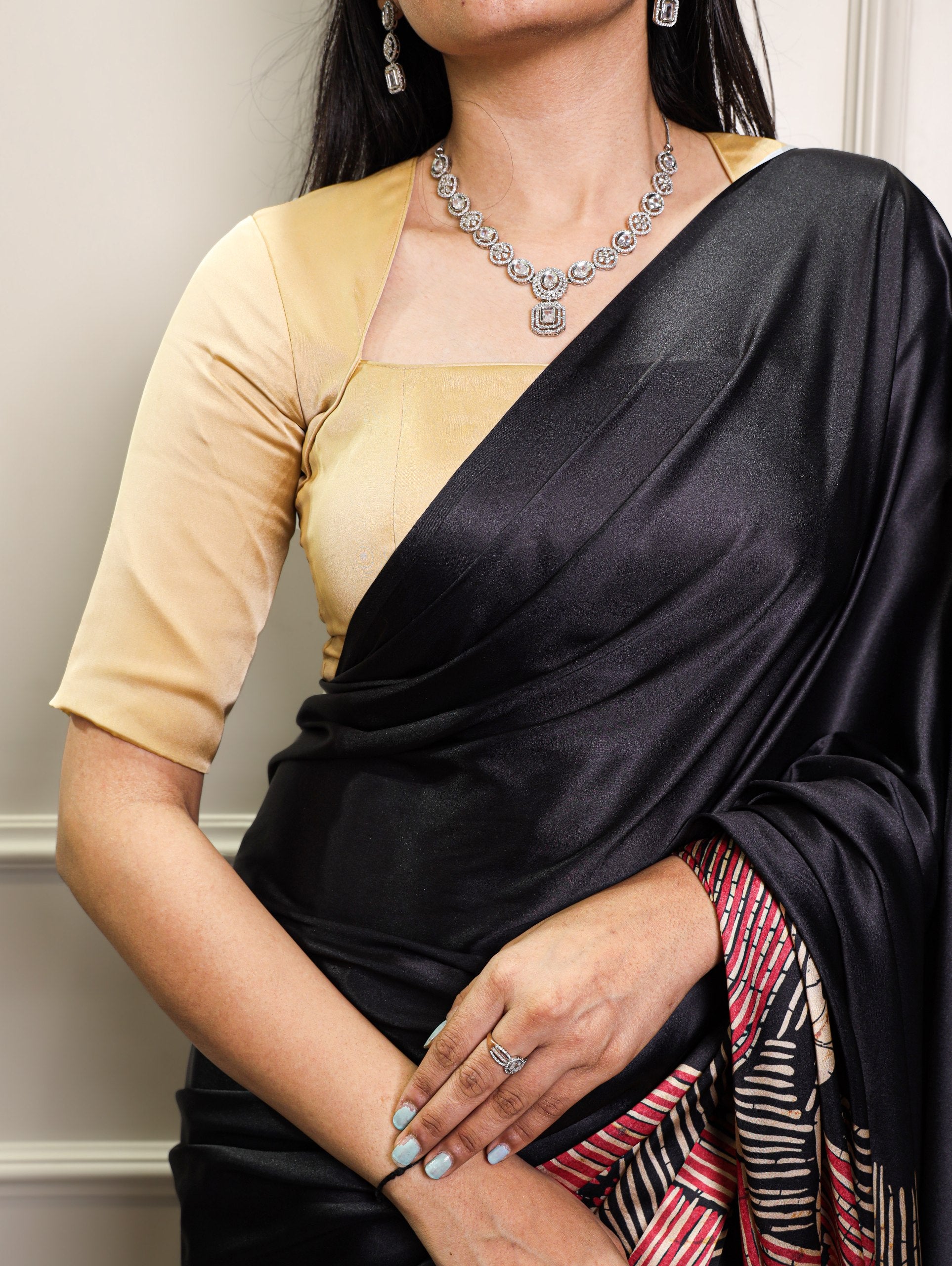 Black Pure Satin Silk Flower Print Satin Saree