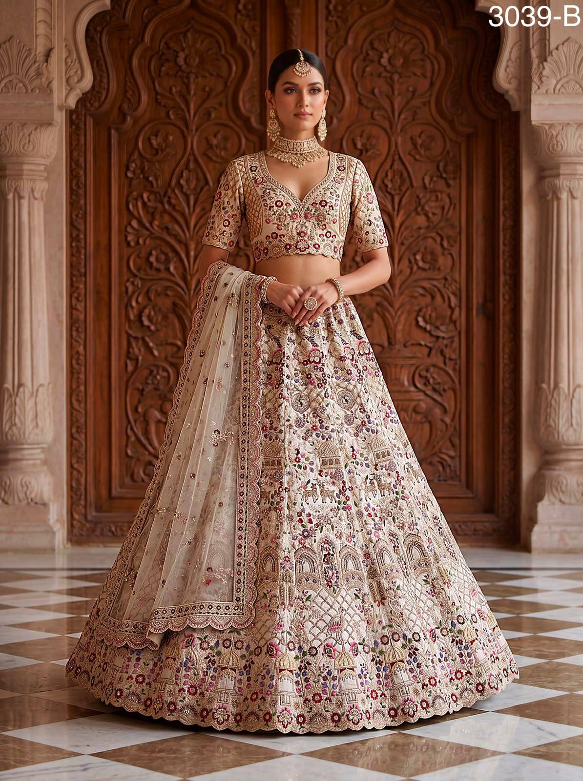Off White Pure Soft Gadhwal Silk Heavy Embroidery Work Bridal Lehenga Choli