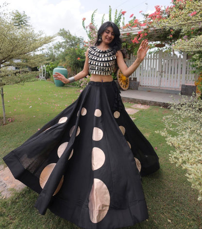 Black Pure Roman Silk With Attractive Round Gota Pattern Navratri Lehenga Choli