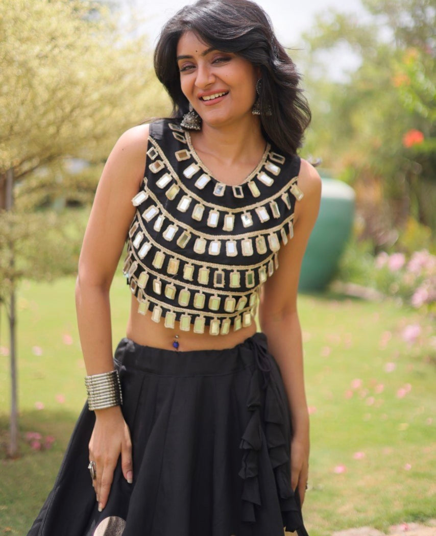 Black Pure Roman Silk With Attractive Round Gota Pattern Navratri Lehenga Choli