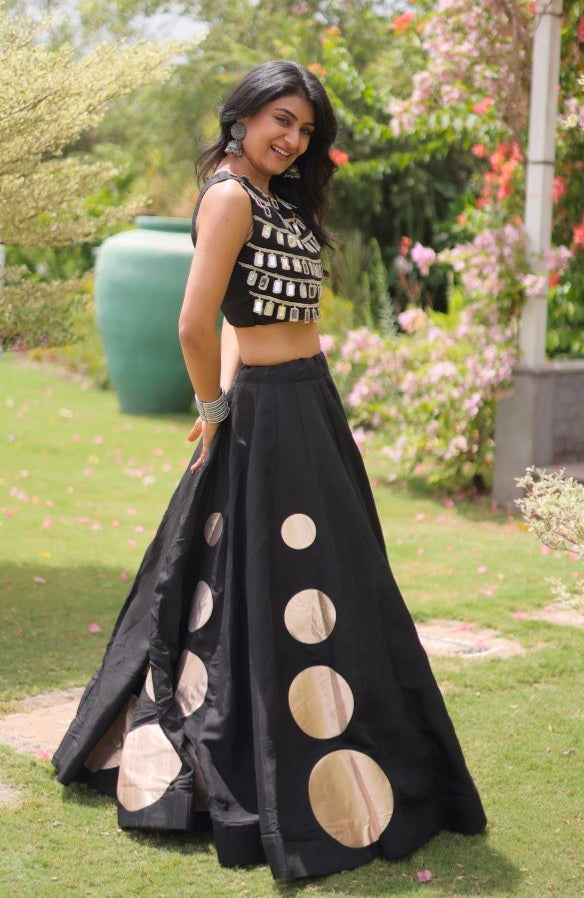 Black Pure Roman Silk With Attractive Round Gota Pattern Navratri Lehenga Choli