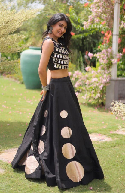Black Pure Roman Silk With Attractive Round Gota Pattern Navratri Lehenga Choli