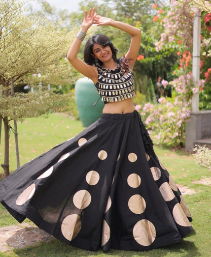 Black Pure Roman Silk With Attractive Round Gota Pattern Navratri Lehenga Choli