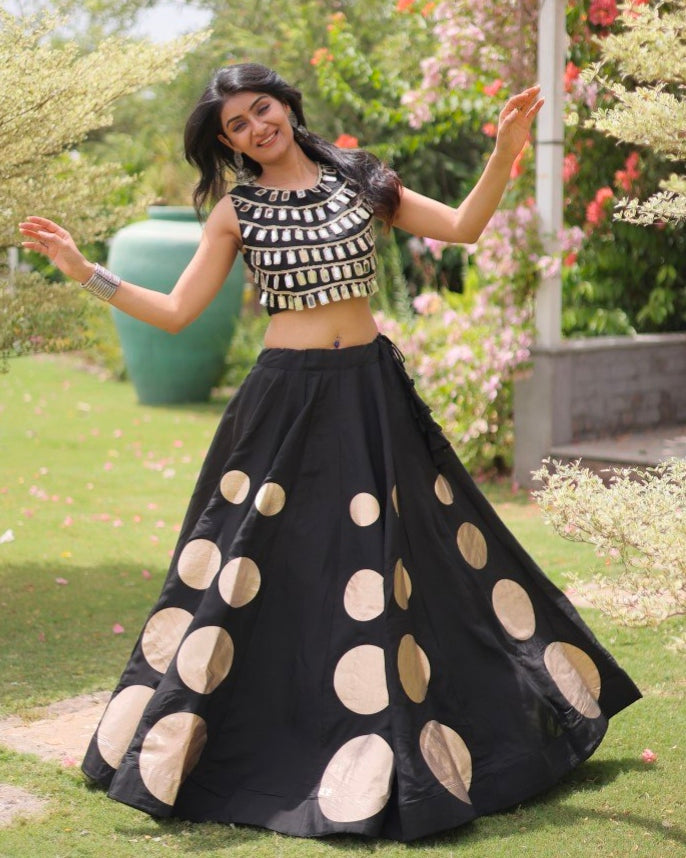 Black Pure Roman Silk With Attractive Round Gota Pattern Navratri Lehenga Choli