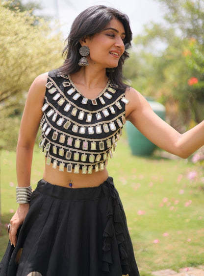 Black Pure Roman Silk With Attractive Round Gota Pattern Navratri Lehenga Choli