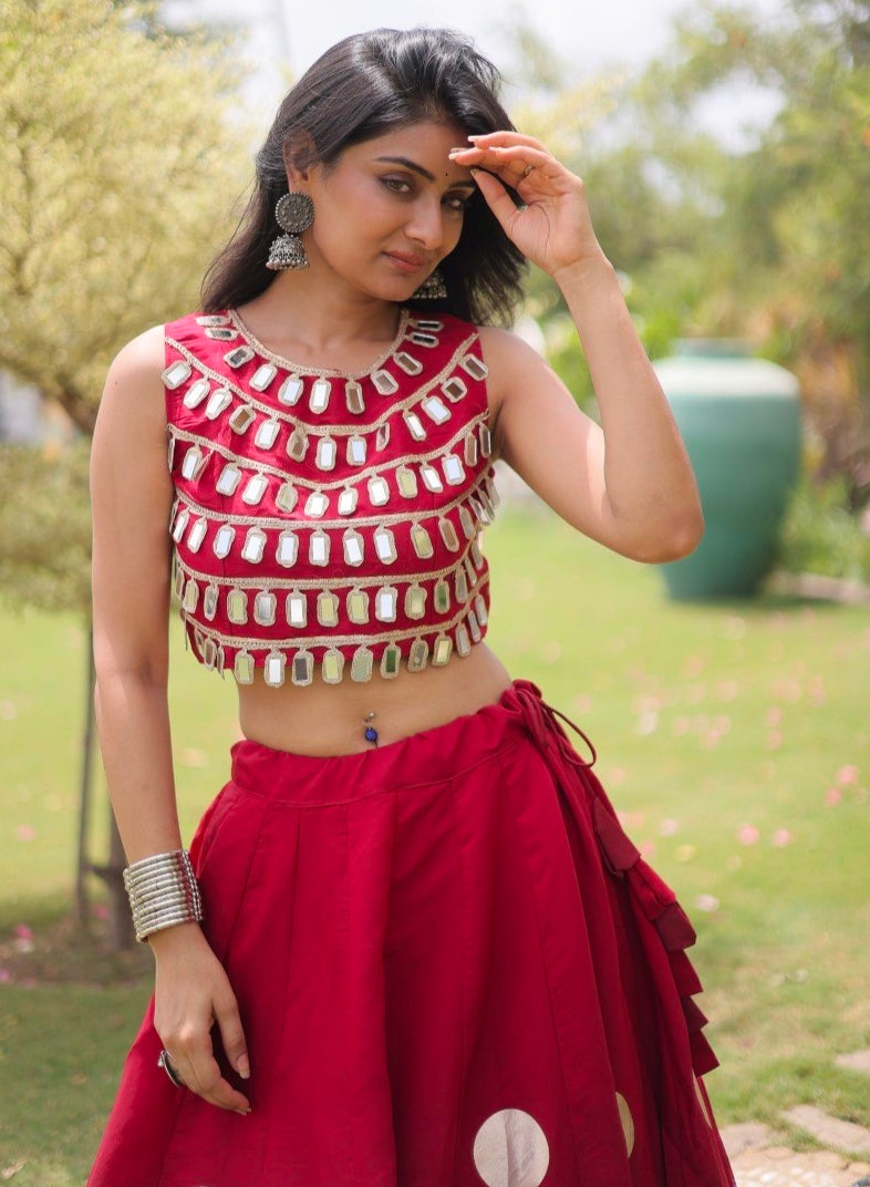 Maroon Pure Roman Silk With Attractive Round Gota Pattern Navratri Lehenga Choli
