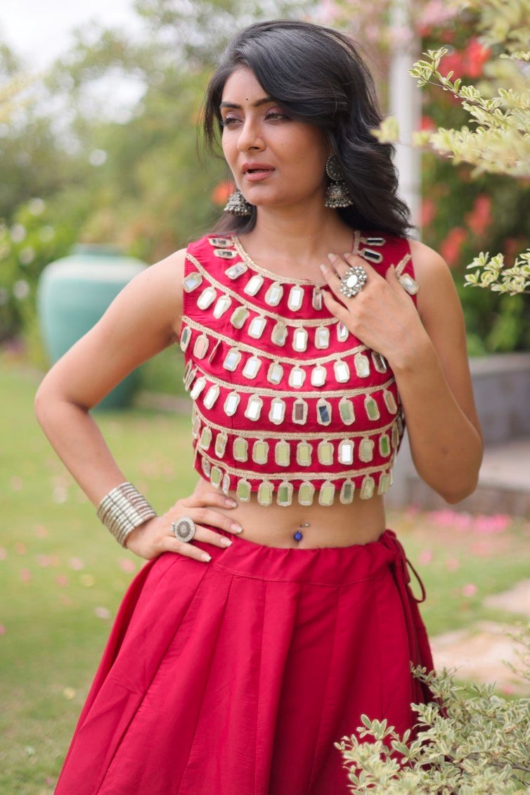 Maroon Pure Roman Silk With Attractive Round Gota Pattern Navratri Lehenga Choli
