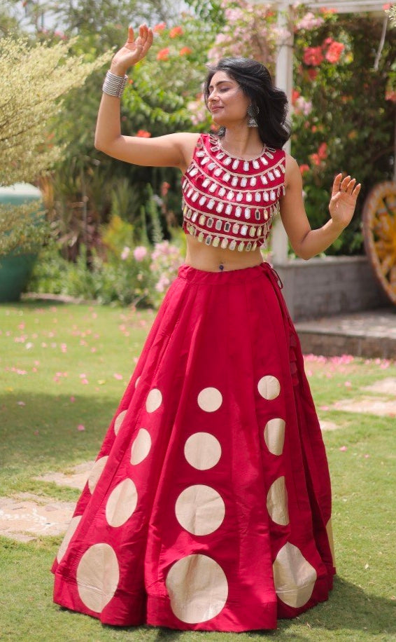 Maroon Pure Roman Silk With Attractive Round Gota Pattern Navratri Lehenga Choli