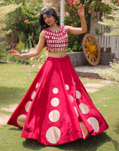 Maroon Pure Roman Silk With Attractive Round Gota Pattern Navratri Lehenga Choli
