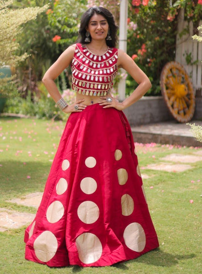 Maroon Pure Roman Silk With Attractive Round Gota Pattern Navratri Lehenga Choli