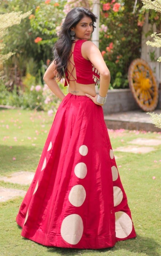 Maroon Pure Roman Silk With Attractive Round Gota Pattern Navratri Lehenga Choli