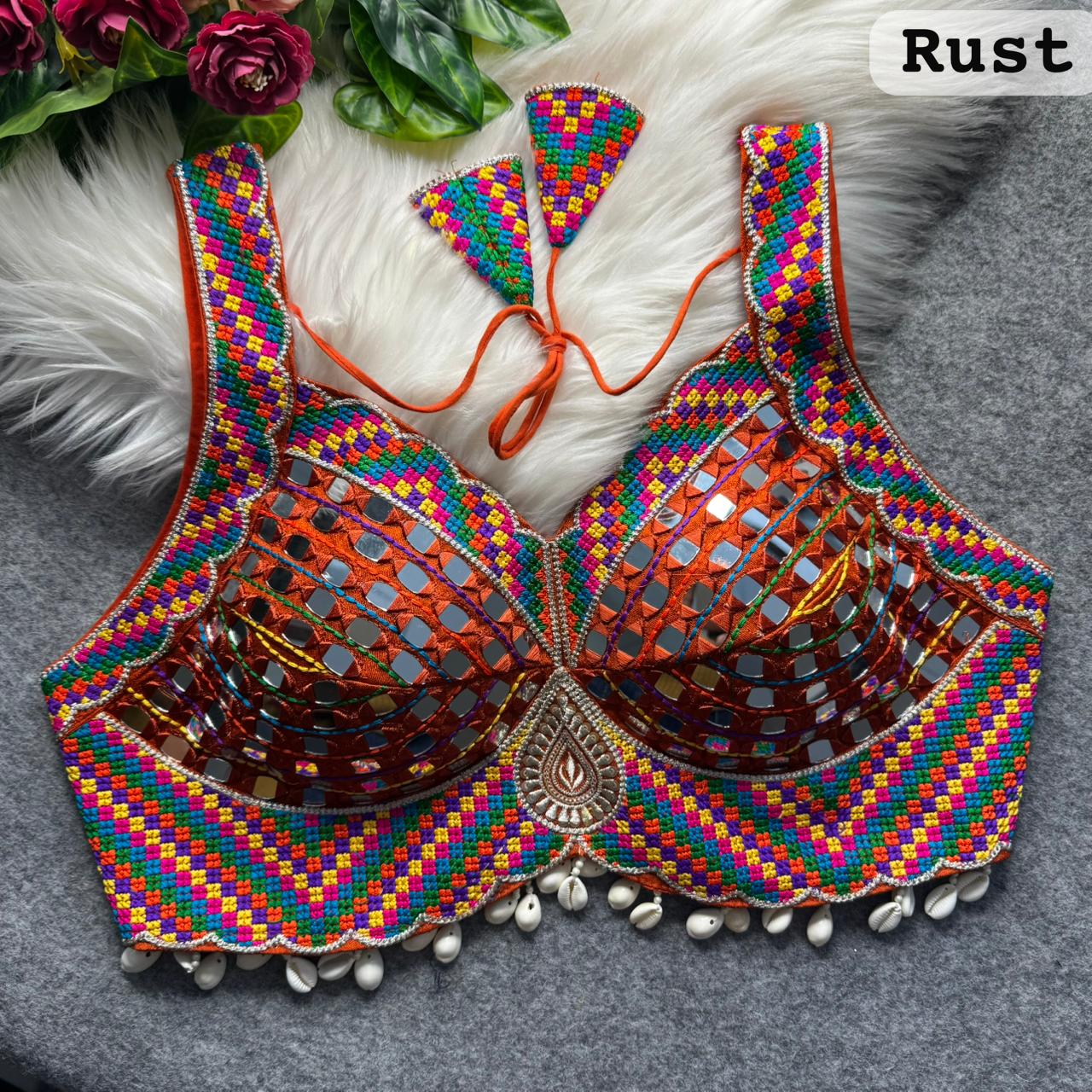 Rust Pure Heavy Real Mirror Thread &amp; Kaudi Wok Bridal Blouse