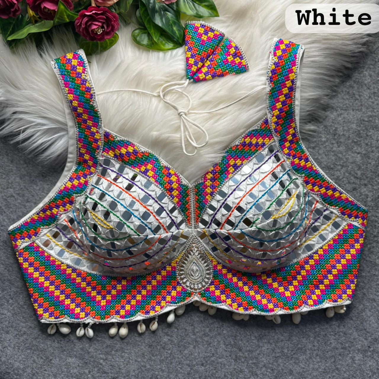 White Pure Heavy Real Mirror + Thread &amp; Kaudi Wok Bridal Blouse