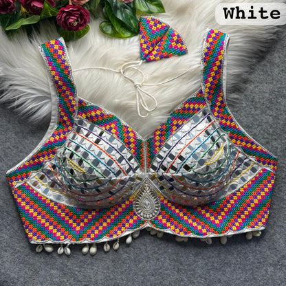 White Pure Heavy Real Mirror + Thread &amp; Kaudi Wok Bridal Blouse