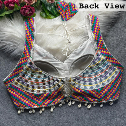 White Pure Heavy Real Mirror + Thread &amp; Kaudi Wok Bridal Blouse