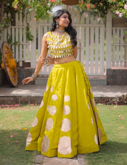 Parrot Pure Roman Silk With Attractive Round Gota Pattern Navratri Lehenga Choli