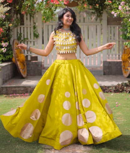 Parrot Pure Roman Silk With Attractive Round Gota Pattern Navratri Lehenga Choli